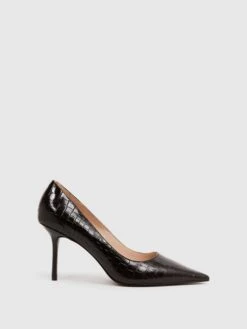 Reiss Black Elina Mid Heel Leather Court Shoes