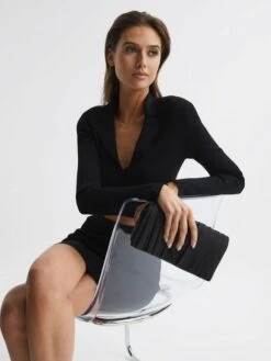 Reiss Black Camille Satin Pleated Clutch Bag -Style Trend Shop D21 807s3
