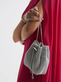 Reiss Silver Demi Crystal Mini Bucket Bag -Style Trend Shop D21803s3