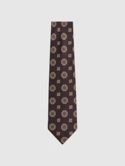 Reiss Chocolate Imperio Medallion Printed Silk Tie