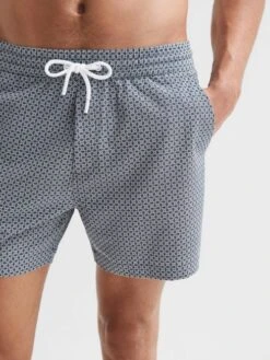 Reiss Airforce Blue/White Shape Printed Drawstring Swim Shorts -Style Trend Shop D40009s4