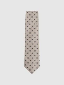 Reiss Oatmeal Melange Taranto Floral Medallion Printed Silk Tie