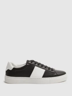 Reiss Black Finley Stripe Leather Trainers