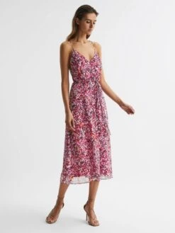 Reiss Pink Pippa Floral Printed Midi Dress -Style Trend Shop D43 766s6