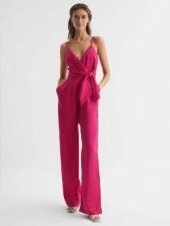 Reiss Pink Emilia V-Neck Linen Jumpsuit