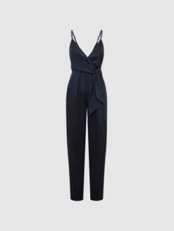 Reiss Navy Emilia V-Neck Linen Jumpsuit -Style Trend Shop D46 390s2