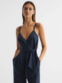 Reiss Navy Emilia V-Neck Linen Jumpsuit -Style Trend Shop D46 390s3