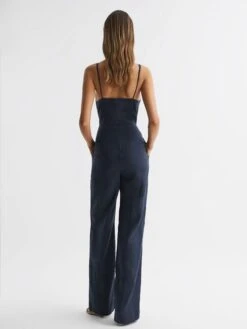 Reiss Navy Emilia V-Neck Linen Jumpsuit -Style Trend Shop D46 390s5