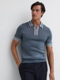 Reiss Ashley Blue Regency Half-Zip Striped Polo Shirt
