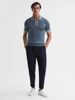 Reiss Ashley Blue Regency Half-Zip Striped Polo Shirt -Style Trend Shop D50 909s3