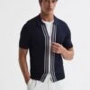 Reiss Navy Castleton Zip Front Striped Polo Shirt -Style Trend Shop D50 911s