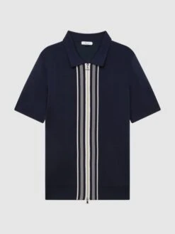 Reiss Navy Castleton Zip Front Striped Polo Shirt -Style Trend Shop D50 911s2