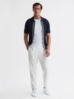 Reiss Navy Castleton Zip Front Striped Polo Shirt -Style Trend Shop D50 911s3