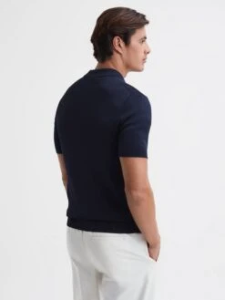 Reiss Navy Castleton Zip Front Striped Polo Shirt -Style Trend Shop D50 911s4