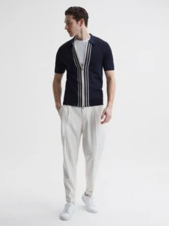 Reiss Navy Castleton Zip Front Striped Polo Shirt -Style Trend Shop D50 911s6