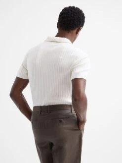 Reiss Ecru Felix Slim Fit Short Sleeve Open Collar Ribbed Polo Shirt -Style Trend Shop D50914s5
