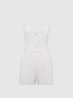 Reiss Ivory Daphine Lace Plunge Neck Playsuit -Style Trend Shop D51 062s2