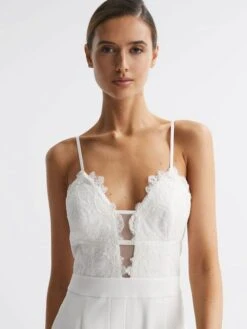 Reiss Ivory Cora Lace Plunge Neck Jumpsuit -Style Trend Shop D51 064s3