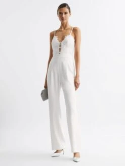 Reiss Ivory Cora Lace Plunge Neck Jumpsuit -Style Trend Shop D51 064s6