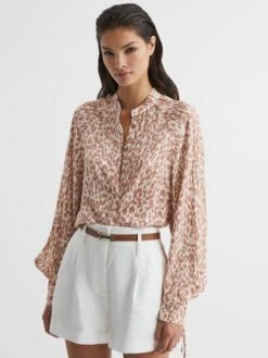 Reiss Neutral Calla Animal Print Blouse -Style Trend Shop D54 750s6