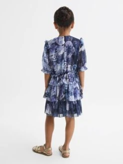 Reiss Blue Print Henrietta Senior Printed Tiered Dress -Style Trend Shop D54 769s5