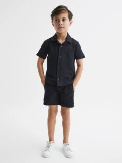 Reiss Navy Koen Junior Short Sleeve Cuban Collar Shirt -Style Trend Shop D55 750s3