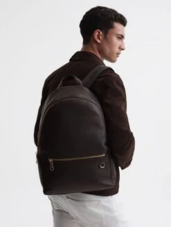 Reiss Dark Brown Drew Leather Zipped Backpack -Style Trend Shop D55828s2