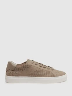 Reiss Taupe Finley Knit Knit Leather Low Top Trainers