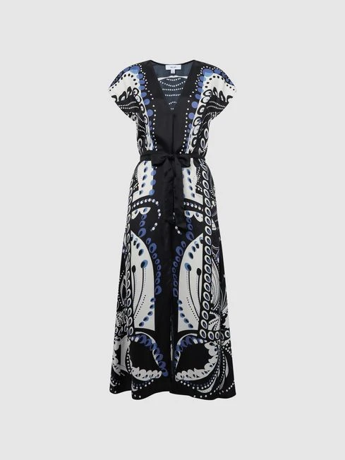 Reiss Navy/White Freja Petite Scarf Printed Midi Dress 4 Reiss Navy/White Freja Petite Scarf Printed Midi Dress - Image 2