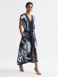Reiss Navy/White Freja Petite Scarf Printed Midi Dress 12 Reiss Navy/White Freja Petite Scarf Printed Midi Dress -Style Trend Shop D57 957s3