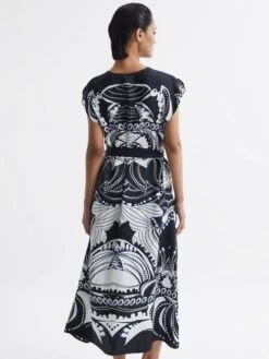 Reiss Navy/White Freja Petite Scarf Printed Midi Dress 14 Reiss Navy/White Freja Petite Scarf Printed Midi Dress -Style Trend Shop D57 957s5