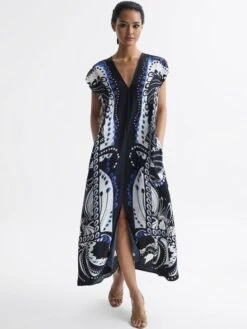 Reiss Navy/White Freja Petite Scarf Printed Midi Dress 15 Reiss Navy/White Freja Petite Scarf Printed Midi Dress -Style Trend Shop D57 957s6