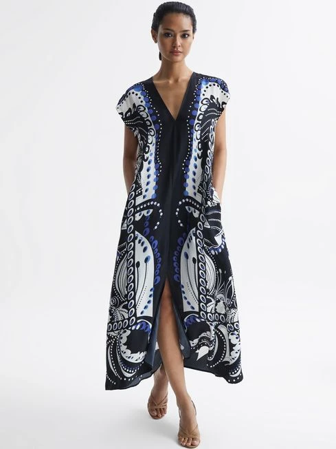 Reiss Navy/White Freja Petite Scarf Printed Midi Dress 8 Reiss Navy/White Freja Petite Scarf Printed Midi Dress - Image 6