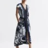 Reiss Navy/White Freja Scarf Printed Midi Dress -Style Trend Shop D57 999s