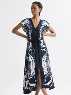 Reiss Navy/White Freja Scarf Printed Midi Dress -Style Trend Shop D57 999s3