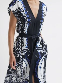 Reiss Navy/White Freja Scarf Printed Midi Dress -Style Trend Shop D57 999s4