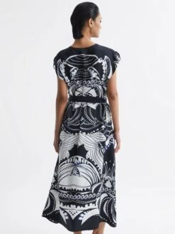 Reiss Navy/White Freja Scarf Printed Midi Dress -Style Trend Shop D57 999s5