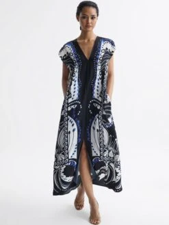 Reiss Navy/White Freja Scarf Printed Midi Dress -Style Trend Shop D57 999s6
