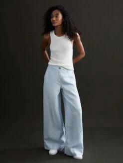 Reiss Ice Blue Demi Linen Wide Leg Garment Dyed Trousers -Style Trend Shop D65 837s5