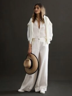 Reiss White Demi Linen Wide Leg Garment Dyed Trousers