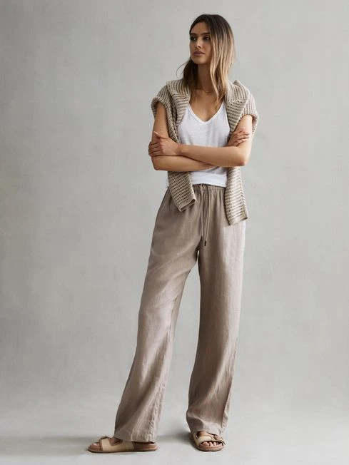 Reiss Mink Cleo Linen Wide Leg Drawstring Trousers 3 Reiss Mink Cleo Linen Wide Leg Drawstring Trousers