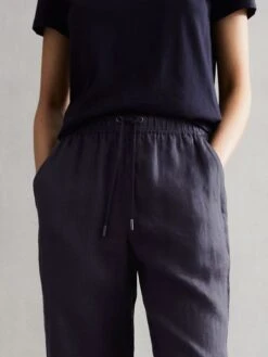 Reiss Navy Cleo Linen Wide Leg Drawstring Trousers -Style Trend Shop D65840s3