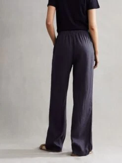 Reiss Navy Cleo Linen Wide Leg Drawstring Trousers -Style Trend Shop D65840s4