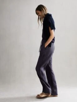 Reiss Navy Cleo Linen Wide Leg Drawstring Trousers -Style Trend Shop D65840s5