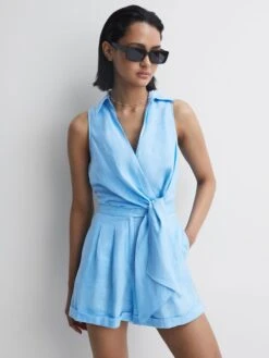 Reiss Blue Suki Sleeveless Linen Playsuit