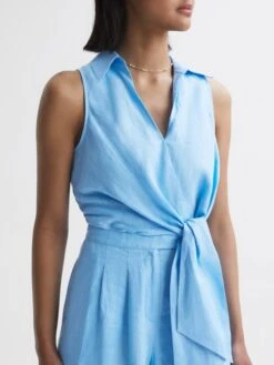 Reiss Blue Suki Sleeveless Linen Playsuit -Style Trend Shop D68 888s3