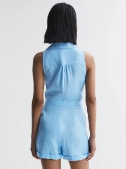 Reiss Blue Suki Sleeveless Linen Playsuit -Style Trend Shop D68 888s4