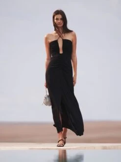 Reiss Black Lana Plunge Neck Halter Maxi Dress