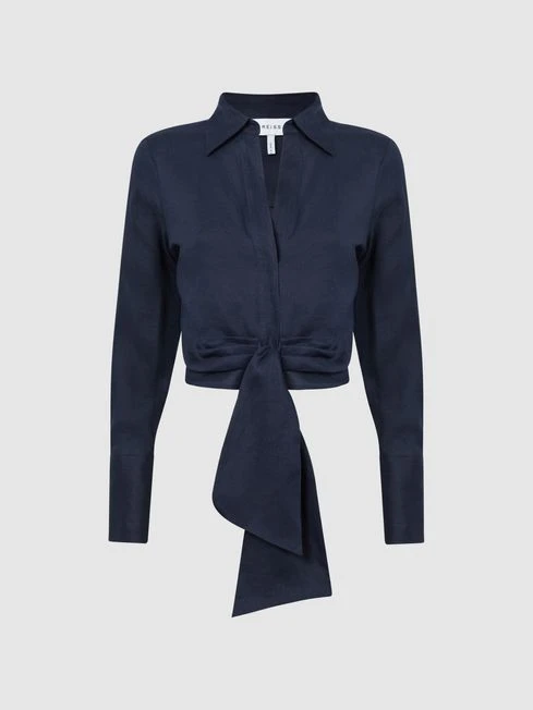 Reiss Navy Dahlia Linen Cropped Tie Front Blouse 4 Reiss Navy Dahlia Linen Cropped Tie Front Blouse - Image 2