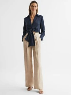 Reiss Navy Dahlia Linen Cropped Tie Front Blouse 10 Reiss Navy Dahlia Linen Cropped Tie Front Blouse -Style Trend Shop D68 902s3